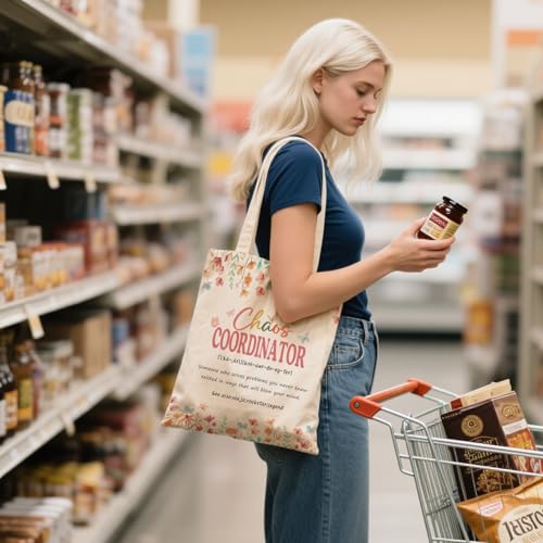 Aesthetic Canvas Tote Bag for Women - with Magnetic Snap Closure & Zipper Inner Pocket Reusable Totes Bag - color: Chaos Coordinator