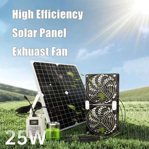 Solar Fan for Chicken Coop with Battery 25W Solar Panel Powered Exhaust Fans with 13ft On/Off Switch Cable for Greenhouse, Sheds, Pet Houses, Ventilation, Outside, Greenhouse Air Circulation Garages - color: 5000mA Battery