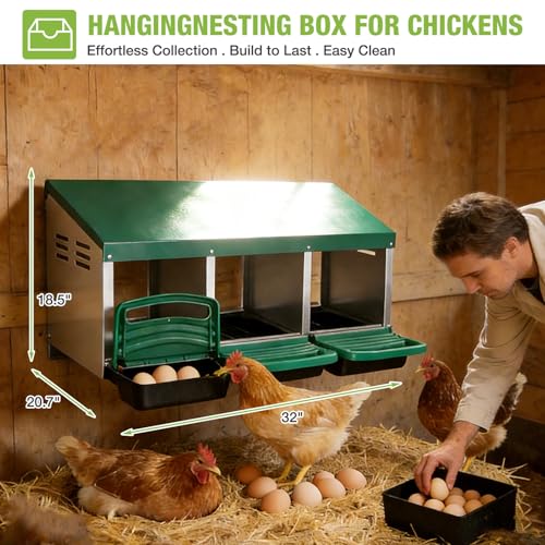 GUTINNEEN Chicken Nesting Box, 3 Compartment Metal Nesting Boxes with Roll-Away Egg System for Hens, Ducks & Rabbits, Technical Design for Efficient Egg Collection, Green - color: Green