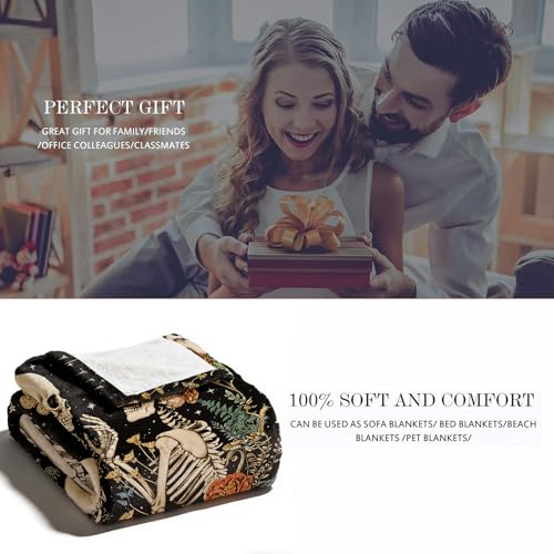Gothic Floral Skeleton Blanket Gifts for Men Women Kids Moon Starry Night Lovers Throw Blanket Gifts 50"x60" - color: Black