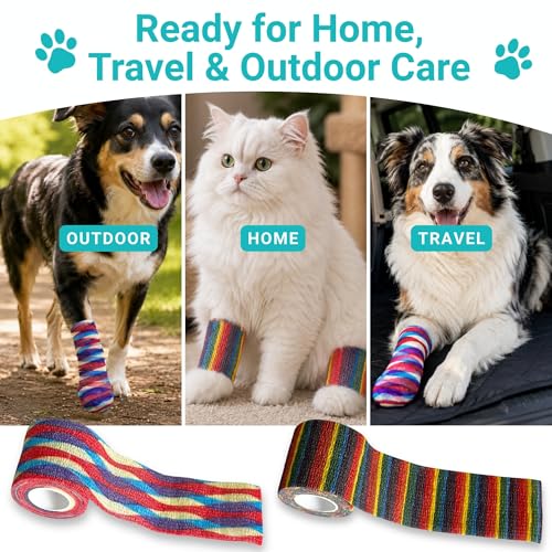 Dog Bandage Wrap, 6 Rolls 2" x 5 yd Stripe Print Pet Tape | Dog wrap bandage for paw & leg care, minor wounds, hotspots, broken nails, gauze pads & licking protection - color: RA-6ROLL-2IN