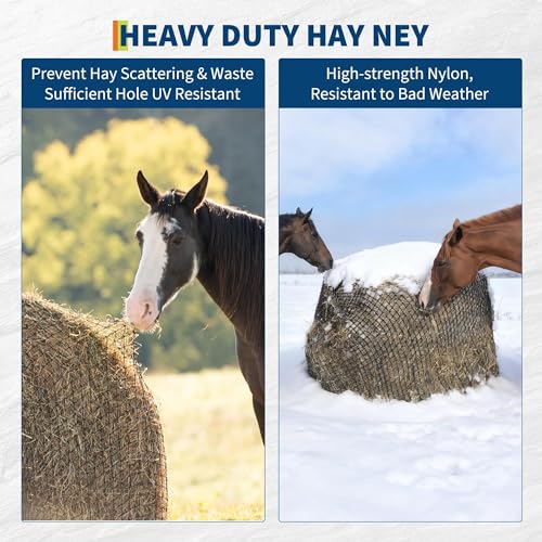 Round Bale Hay Net for Horses and Goats, 5x5 Ft Knotless Design Slow Feed Hay Net with 2'' Holes, Large Heavy Duty Slow Feeder Nets - size: 5x5FT