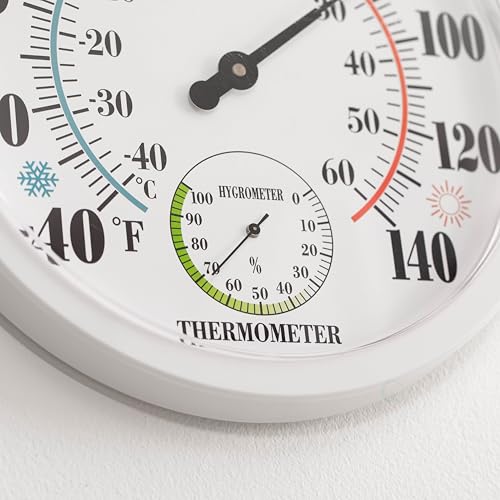 Clockswise 10" Outdoor Indoor Wall Thermometer and Hygrometer Combo Temperature & Humidity Gauge with Fahrenheit & Celsius Scale Decorative Weather Monitor for Home Garden Greenhouse or Office, White