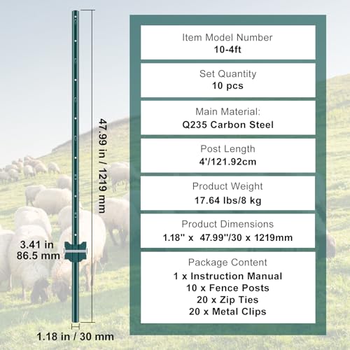 VEVOR 4 Feet U-Channel Metal Fence Post, 10 Pack with 20 Zip Ties & 20 Clips, Sturdy Steel Stakes for Garden Yard, Lawn, Farms and Outdoor Wire Fencing, Green - size: 4 Feet 10 Pack