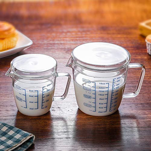 Glass Measuring Cup with Lid, V-Shaped Spout Microwave Safe Borosilicate Kitchen Accessories 3 Measurement Scales Cup, ML, OZ Easy Measure Liquid Powder Milk Cups for Cooking Baking - color: 250 ml