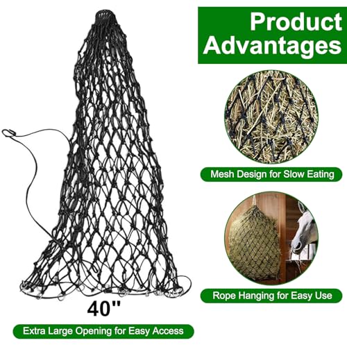 Hay Bags for Horses, 2 Pack Hay Nets for Horses Slow Feed, Goats, Livestock, 40" Large Opening Polyester Rope Hay Nets for Horses with Drawstring, Reduces Waste for Travel Pasture Stall Use