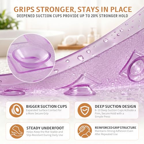 Yimobra Bathtub Mat Non Slip, Shower Mat with Strong Suction Cups & Drain Holes, 28"X16", Anti Slip Bath Tub Mat for Inside Shower, Machine Washable Fast Drying, Bathroom Essentials, Clear Purple - color: Clear Purple, size: 27.5 X 15.5 Inch