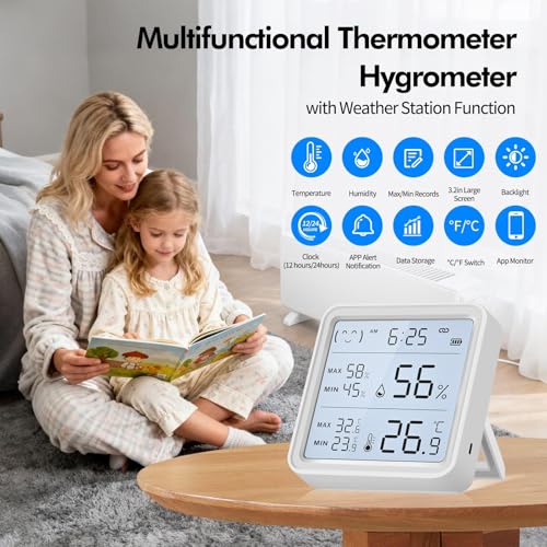 eMylo WiFi Thermometer Hygrometer with App Alerts, 3.2” Backlit Display | Smart Digital Temperature Humidity Remote Monitor, Data Storage Export, Indoor Thermometer for Home Greenhouse Baby Room