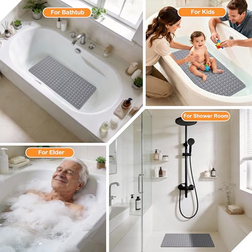 Yimobra Bath Tub Mat Non Slip, 34.5"X15.5" Long Shower Mat, Machine Washable Bathmat with Drain Holes and Suction Cups, Soft on Feet, Bathroom Essentials, Grey - color: Grey, size: 34.5 X 15.5 Inch