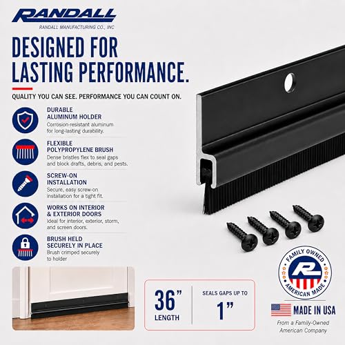 Randall Manufacturing Co., Inc | Door Sweeps – Aluminum & Brush | Brush Sweeps for Gaps Up to 1” | Black Holder | 3 Feet | Fill Gaps & Keep Unwanted Debris Out