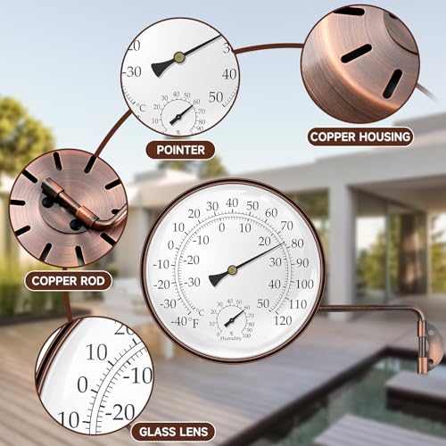 6 Inch Outdoor Thermometer and Humidity Gauge, Brass Analog Dial | Window Thermometer for Outside Temperature & Humidity Monitor, Battery Free for Patio Garage Greenhouse Garden Wall - color: Brass, size: 6 Inch