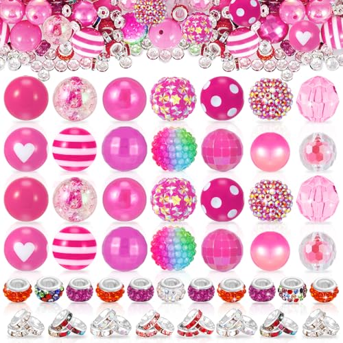28 Pcs Chunky Bubblegum Beads and 84 Pcs Large Hole Spacer Beads | Total 112 Pcs Beads for Pens, 16/17/20mm Focal Bead for Beadable Pens, Large Beads for Jewelry Making Keychain - color: Rose red