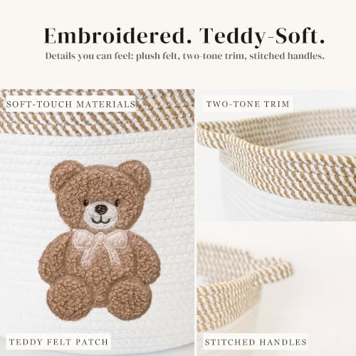 Teddy Bear Baby Storage Basket, Woven Cotton Rope Nursery Bin, 15x11 in | Stuffed Animal and Blanket Storage, Embroidered Bear Patch, Gender Neutral Nursery Decor, Shower Gift, Playroom Organizer - color: Neutral Teddy