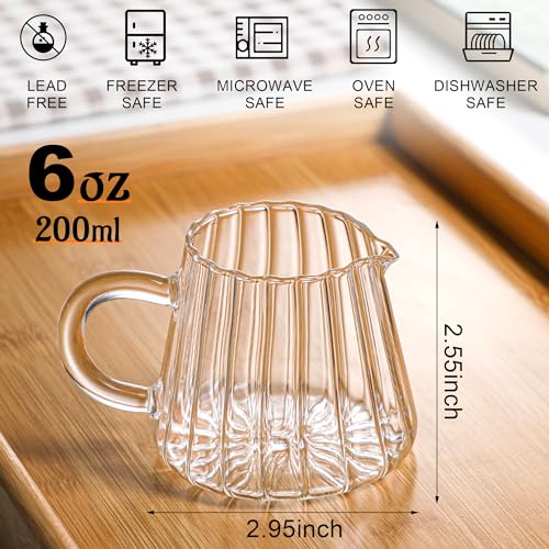 Loscarol 2 Pcs Small Glass Pitcher - Elegant Wave Shaped Creamer Pitcher | for Coffee, Milk, Tea, 6 oz Milk Frothing Cup Creamer Jug for Kitchen