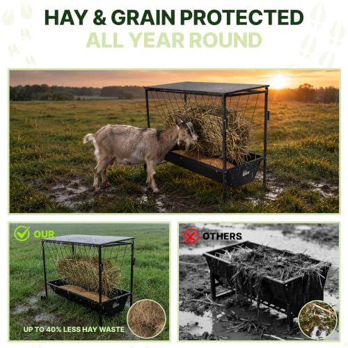 Large Hay Feeder for Goats with Roof, Wheels and Handles, Covered 2-in-1 Galvanized Steel Goat Hay Feeder Trough, 50 Gallon Rack and 20 Gallon Grain for Horse Sheep Cattle Alpacas Livestock