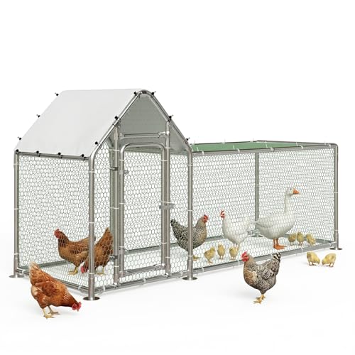 Large Metal Chicken Coop Run, Outdoor Chicken Pen for Yard (9.8x3.3x4.9 ft) | Spire-Shaped Walk-in Coop with Waterproof & Anti-UV Cover. Heavy-Duty Metal Frame. Spacious for Chickens, Ducks, Rabbits.