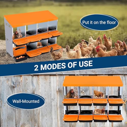 Chicken Nesting Box, 8 Hole 2 Layer Hen Nest Boxes, Roll-Away Egg Collection System with Ventilation Holes，Rustproof Plastic Tray & Keyhole Mounting, Chicken Laying Box - color: Orange, size: 8 holes