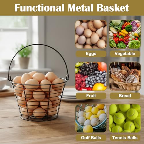 4 Pcs 8" Black Round Wire Egg Basket for Gathering Fresh Eggs Metal Egg Collecting Basket with Handle Chicken Eggs Holder Countertop Farmhouse Kitchen Decor Storage