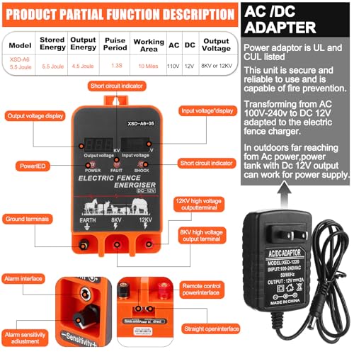 5.5J Electric Fence Charger with Display and Alarm, AC/DC Dual Power, 12V Input 8KV/12KV Output, 3366 ft Polywire, 40 T Post Insulator, 20 Screw-in Insulator for Cattle Cow Livestock Farm