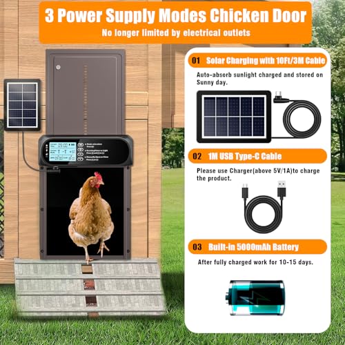 Automatic Chicken Coop Door Solar Powered, LCD Screen Electric Auto Chicken Coop Door with Timer & Light Sensor, Aluminum Rechargeable Auto Chicken Door Opener with Remote Control & 4 Modes - color: Brown