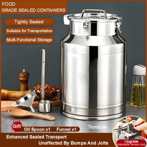 Food Grade 304 Stainless Steel Milk Can with Locking Airtight Clamp Lid Carry Handle, Large Airtight Storage Bucket Canister for Rice Flour Grain Oil Wine Liquid Dairy Transport 15L (3.9 Gal) - size: 15L