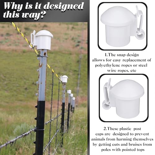 DoubleFill 24 Pcs Electric Fence Insulators and T Post Safety Cap, T Post Safety Topper Black Plastic Insulators for Wood Posts Wire Holding Fencing Garden Farm Highway Sport Fences Supplies (White) - color: White