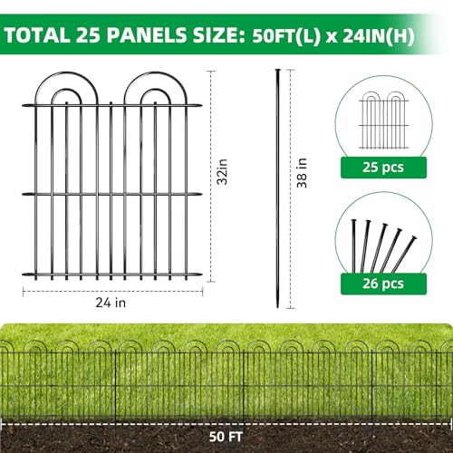 25 Panels No Dig Decorative Garden Fence, 32in(H) X 50ft(L) Tall Dog Fence Outdoor for Yard, Rustproof Metal Wire Garden Fencing Animal Barrier with Ground Stakes, Temporary Fencing for Patio Outdoor - color: Black, size: 25 Pieces, 32in(H) x 50ft(L)