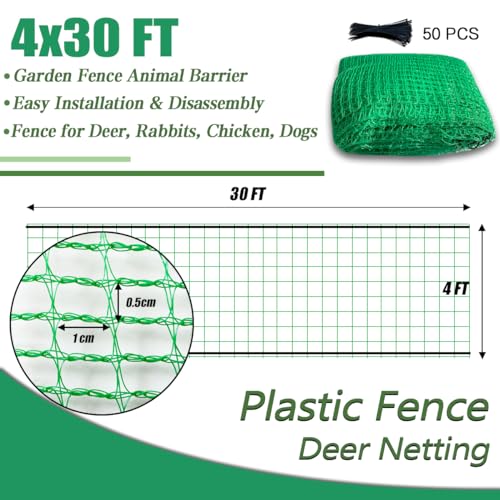 Garden Fence 4 x 30 FT,0.4" Mesh Plastic Fencing,50PCS Zip Ties | Deer Fence Temporary Fence Snow Fence Safety Fence,Construction Fencing for Yard,Rabbits,Chicken,Dogs,Animal Barrier,Green - size: 4ftx30ft