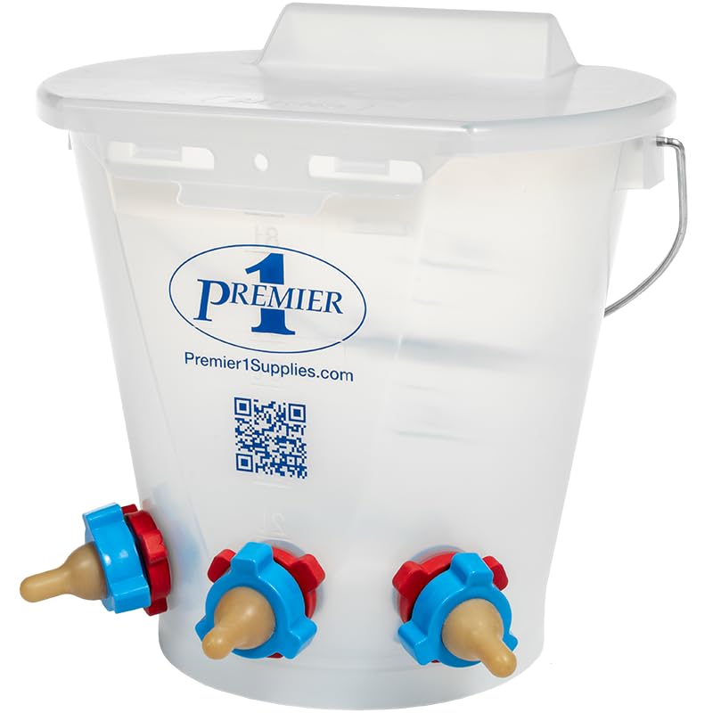 Premier 1 Lamb 'N' Goat Kid Prima Orphan Feeding Bucket – 2 Gal, Round | 3 nipple holes. See-through bucket for easy milk monitoring. Easy to clean. For orphan lambs & goat kids. - size: 2 Gallon Round - 3 Holes