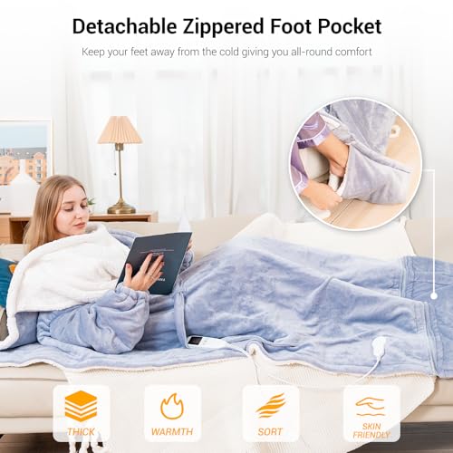 Electric Heated Blankets Hoodie for Women with Removable FootPocket,Wearable Heated Blanket Throw with Sleeves Heated Robe Flannel&Sherpa Heating Wrap Poncho Shawl with 9 Temp 50"x80" - color: Light Gray, size: 50"×80"