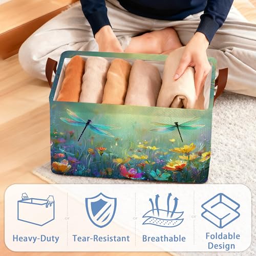 Dragonfly Storage Basket,Flower Collapsible Storage Bin Cubes for Living Room Bedroom Blankets Home Storage 17x11.5x10Inch - color: Dragonfly Flower
