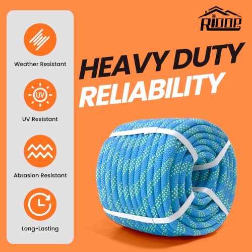 RIOOP Double Braid Polyester Rope, 1/2 in x 100 ft Heavy Duty Bull Rope | 48 Strands, 5290lbs Breaking Strength, for Tree Work, Camping, Hiking, Swing, Sailing and Indoor Outdoor Use, Blue - size: 1/2in x 100ft, style: Blue