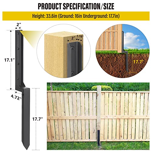 Heavy Duty Steel Repair Stakes, Anchor Ground Spike, for Repair Tilted/Broken Wood Fence Post (2 Pack/Black）