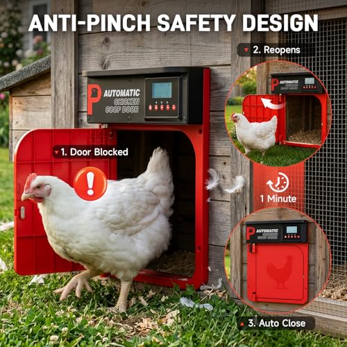 Automatic Chicken Coop Door with Solar Panel | Upgrade Door Opening, Anti-Pinch, Remote Control, Timer & Light Sensor, Weather Proof, 4 Modes, Easy Install - color: Red