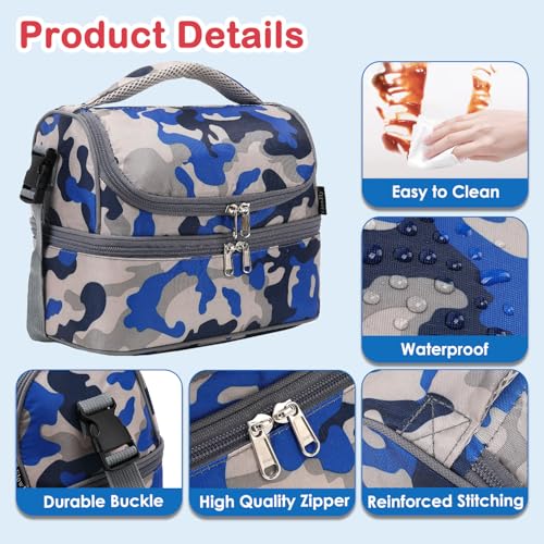 FlowFly Kids Double Decker Cooler Insulated Lunch Bag Large Tote for Boys, Girls, Men, Women, With Adjustable Strap, Blue Camo - color: Blue Camo