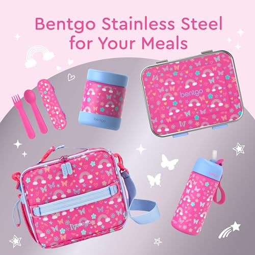 Bentgo Kids Stainless Steel Leak-Proof Food Jar for Hot or Cold Food | 11 fl oz Double Insulated Container with Removable Silicone Bumper, Dishwasher Safe, Easy Open Lid, Ages 3+ (Rainbows) - color: Rainbows and Butterflies