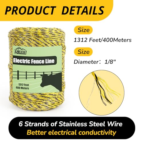 RIOOP Electric Fence Wire Polywire 1312 Feet/400 Meters | Portable Livestock Fencing, 6 Stainless Steel Strands for Reliable Conductivity, Rust Resistance, UV Resistant - size: 1312 Feet/400 Meters