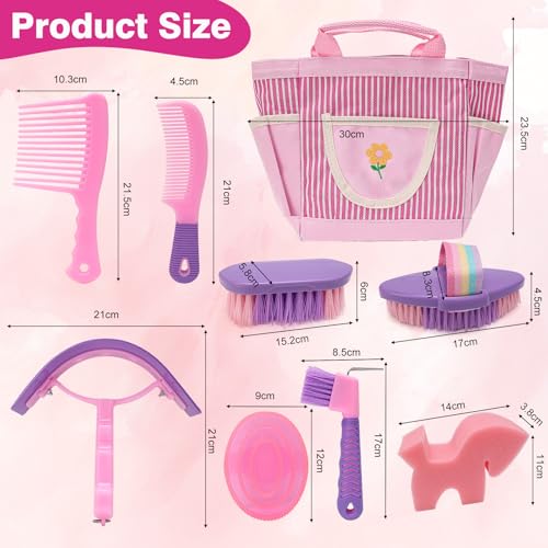 Horse Grooming Brush Kit, 9Pcs Horse-Brush Set with Organizer Tote Bag, Shower Brushes, Braiding Comb, Sweat Scraper, Hoof Pick, Shedding Massaging Tool Supplies for Riders Beginners, Pink - size: 9 Count (Pack of 1)