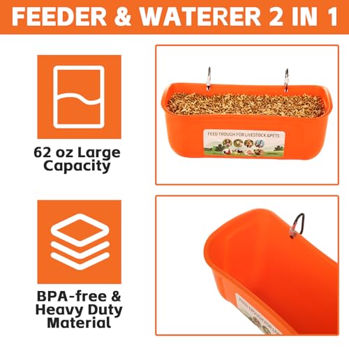 6 Pack Hanging Chicken Feeder Trough, Duck Feeder for Outside with Clips, Water Trough for Duck Goose Goat Pig Deer, Durable Poultry Feeding Water Container, Orange