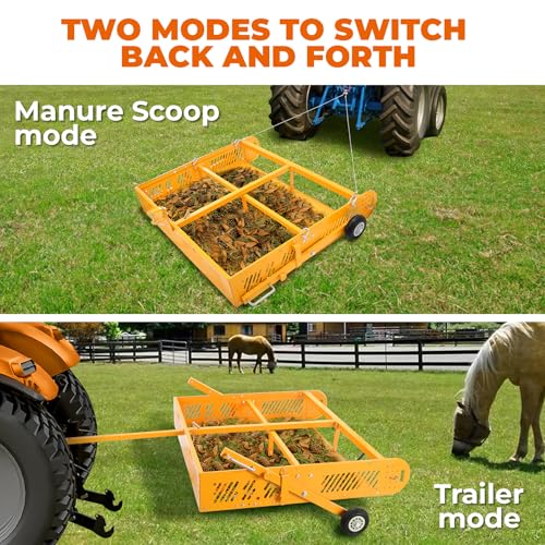 POPMOON 2-in-1 Horse Manure Fork Tow Behind Trailer, 330 lb Paddock Cleaner | Tow behind manure collector, reinforced frame, easy assembly, fits ATV UTV lawn tractor, pasture, stable and farm cleanup - size: 44" L - with wheels