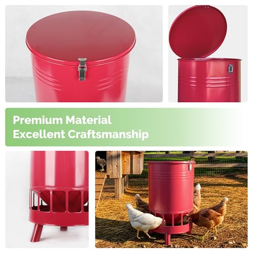 Solution4Patio 50LB No-Waste Chicken Feeder, Large Capacity Gravity Dispenser with Spill Control & 16 Feeding Ports Poultry Feeder for Outdoors & Hen Coop (Red) - color: Red