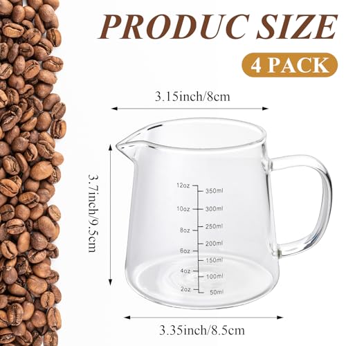 4 Pack 12oz Coffee Measuring Glass Cups, Heat Resistant Espresso Shot Pitcher Glass Cup, Microwave & Dishwasher Safe Milk Frothing Pitcher Creamer Container