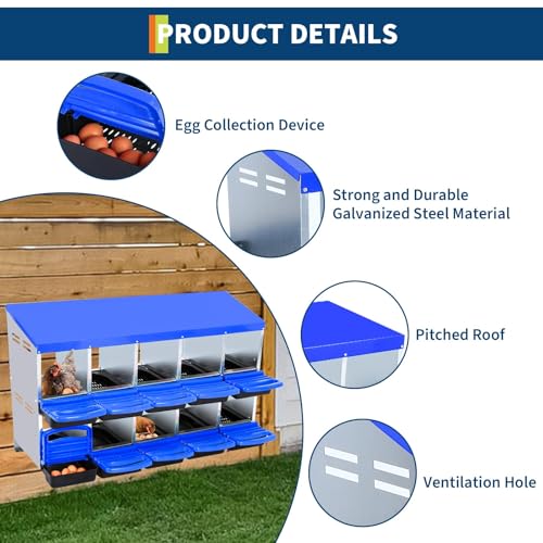 Chicken Nesting Box, 10 Compartment Roll Away Design for High-Volume Egg Collection and Easy Wall Mounting with Metal Legs - color: Blue, size: 10 holes