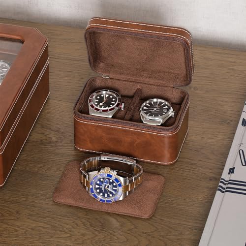ROTHWELL 2 Watch Travel Case for Men | Compact PU Leather Protective Box with Microsuede Interior | Fits Watches & Smartwatches Up to 55mm (Tan/Brown) - color: Tan / Brown