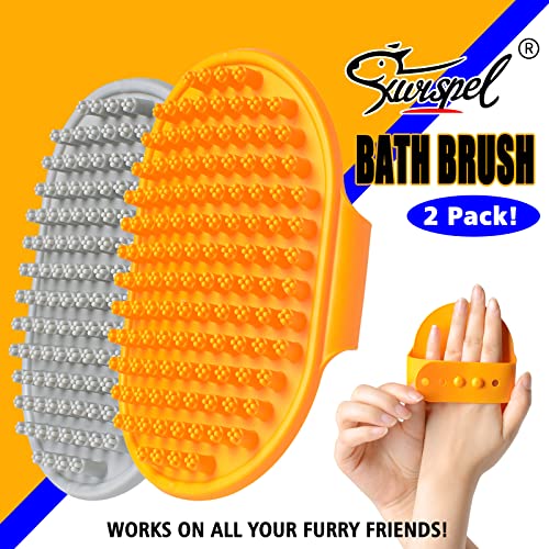 Dog Grooming Brush, Pet Shampoo Bath Brush Shedding Soothing Massage Rubber Comb with Adjustable Ring Handle for Long Short Haired Dogs and Cats 2pcs - color: Gray & Orange