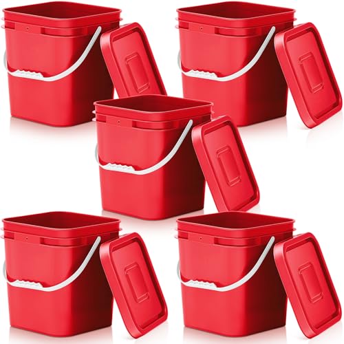 Mumufy 5 Pcs 3.5 Gallon Square Food Grade Bucket with Lid Square Bucket Pail Plastic Handles for Long Term Food Storage, Camping, Fishing, Home Organization Easy Stack and Store (Red) - color: Red