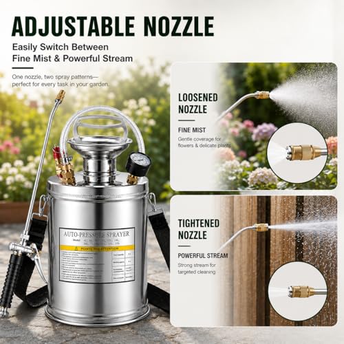 1Gal Stainless Steel Pump Up Sprayer Reinforced Hose, Hand Pump Sprayer with Pressure Gauge&Safety Valve, Adjustable Nozzle Suitable for Gardening (1 Gallon) - style: 1 Gal