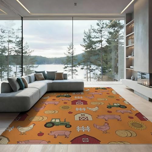 6'x9' Washable Flatwoven Rug, Orange Rustic Sunflower Stain Resistant Large Carpet for Dining Room, Under Table, Office, Non-Slip Chair-Friendly Floor Mat | Ref:1969512 - color: Orange/Pattern 20, size: 6' x 9' (Rectangular)