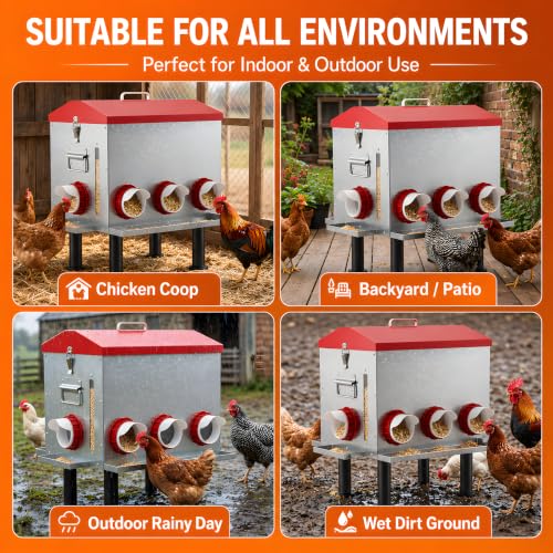 55 LB 10-Gallon Automatic Chicken Feeder, Large Metal Poultry Feeder with Window, 4-Sided No-Waste Feeding Design, Rust-Resistant Steel with Adjustable Legs for Outdoor Coops - size: 55 lb - 8 Ports
