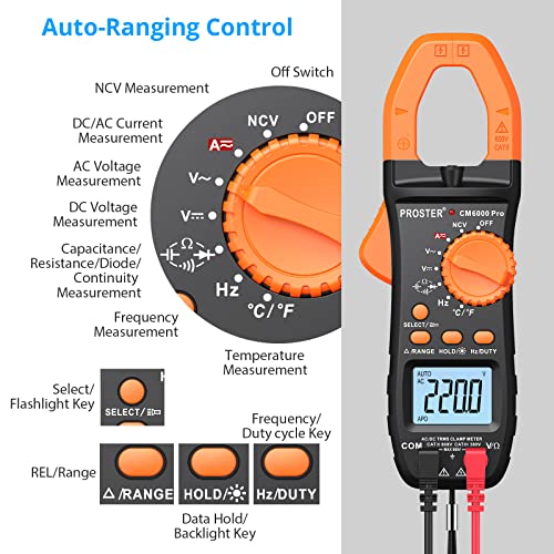 Proster Electrical Test Tool - TRMS Clamp Meter 6000&NCV Voltage Tester Pen | 2-in-1 kit: Clamp Meters(800A AC/DC, NCV, auto-range) + Voltage Tester Pen(Adjustable Sensitivity) For Electrical Tester